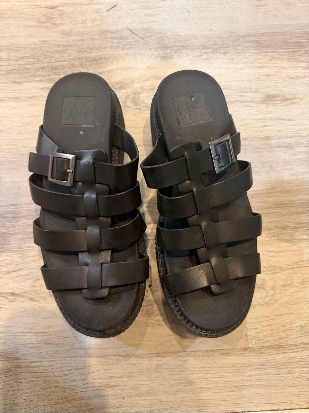 Tuk Black Platform Strappy Slide Sandals with Buckle